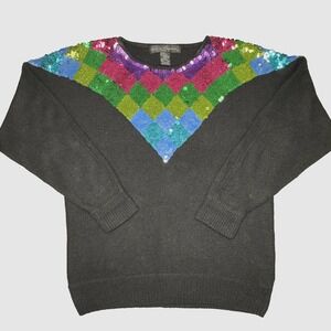 Vtg Work in Progress Sweater Womens Large Black Sequin Argyle Silk Angora 80s